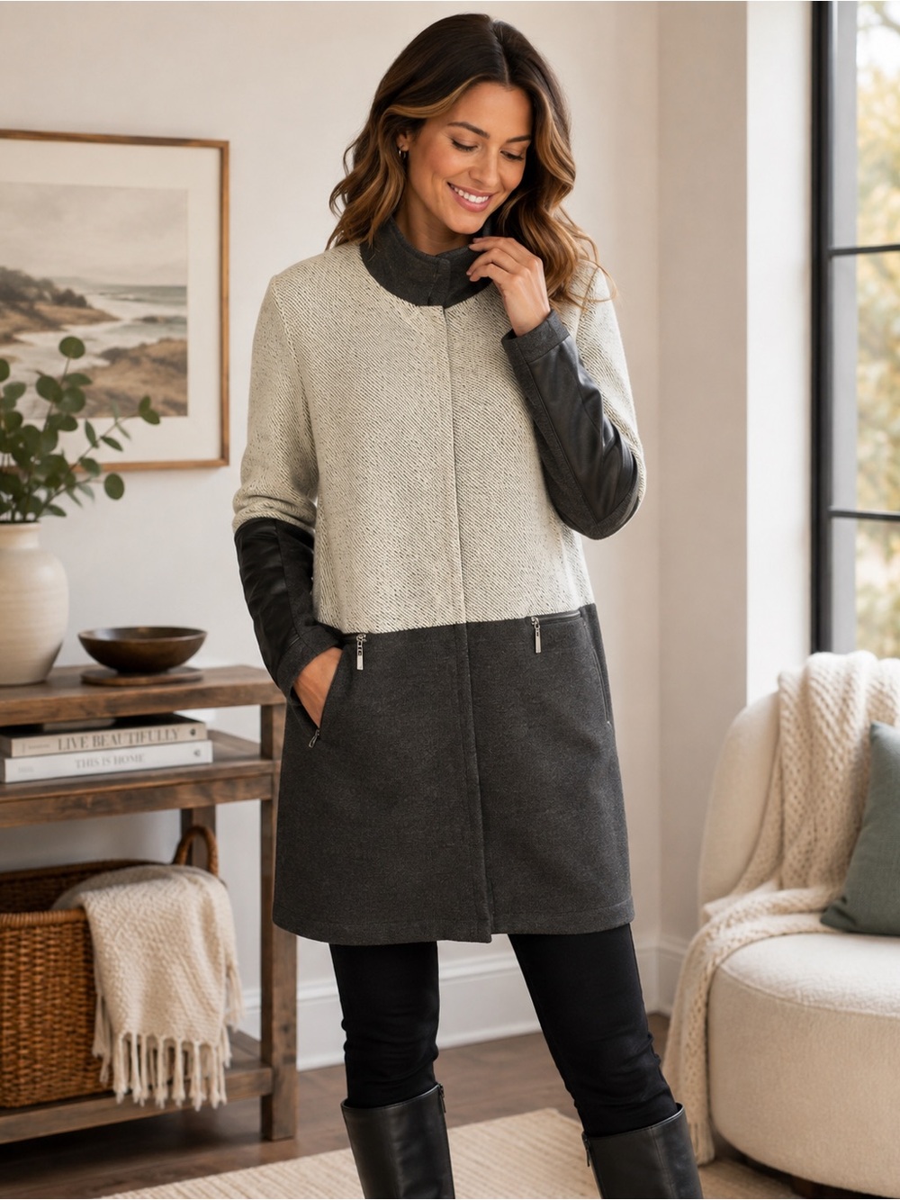 Parkhurst Women’s Sweater Coat M Wool Blend Colorblock Faux Leather Long Jacket